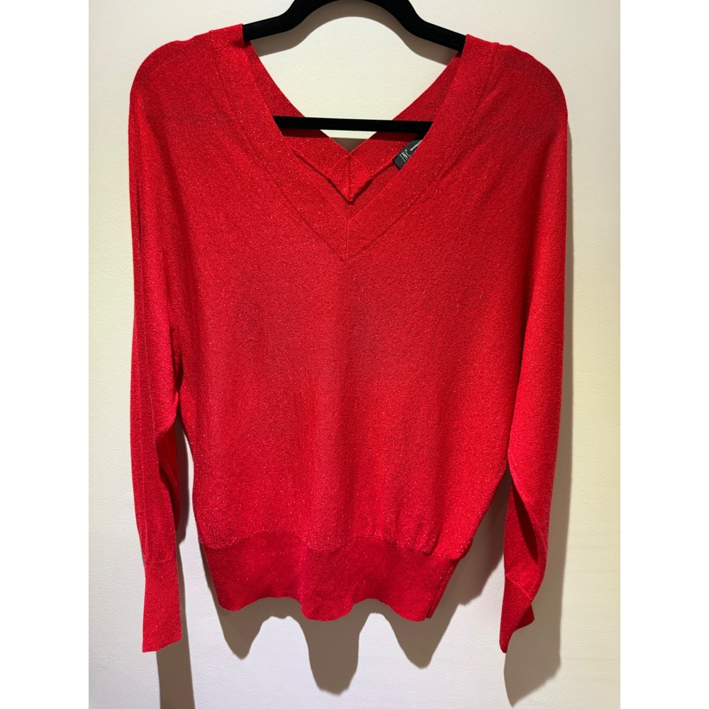 INC International Concepts Red Metallic V-Neck Dolman Sleeve Sweater Medium